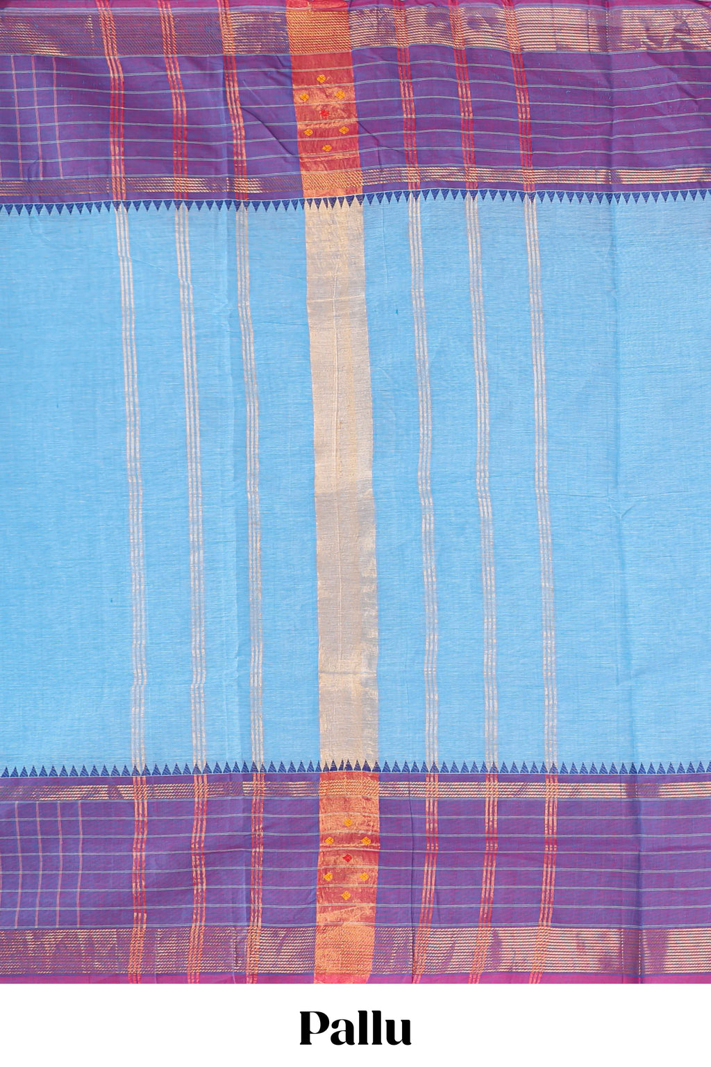 Blue plain chettinad cotton saree with contrast checked border and matching blouse