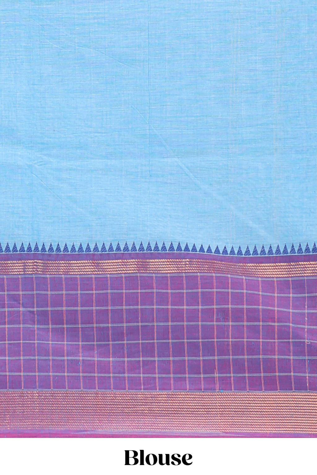 Blue plain chettinad cotton saree with contrast checked border and matching blouse
