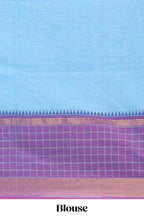 Blue plain chettinad cotton saree with contrast checked border and matching blouse