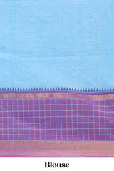 Blue plain chettinad cotton saree with contrast checked border and matching blouse