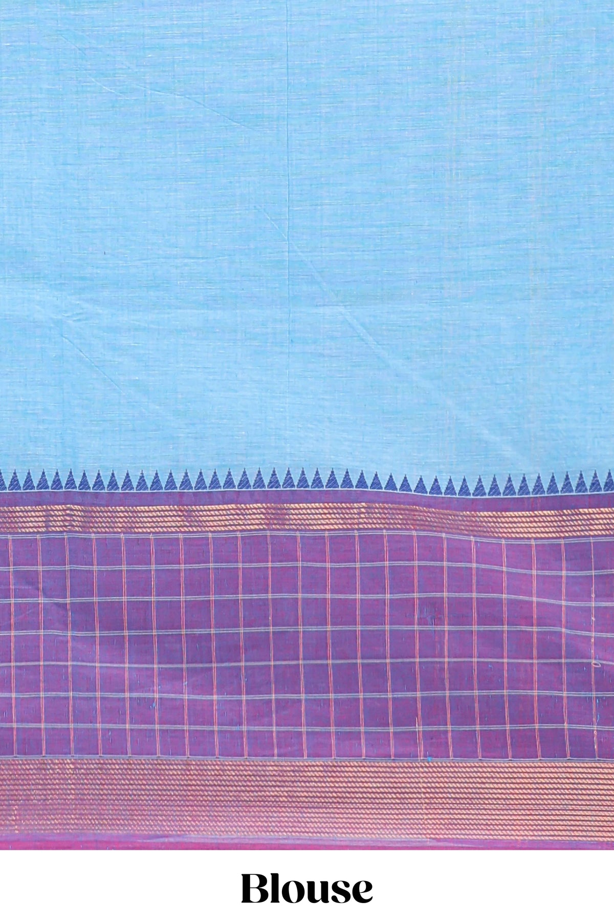 Blue plain chettinad cotton saree with contrast checked border and matching blouse
