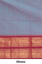 Powder blue plain chettinad cotton saree with contrast checked border and matching blouse