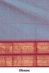 Powder blue plain chettinad cotton saree with contrast checked border and matching blouse