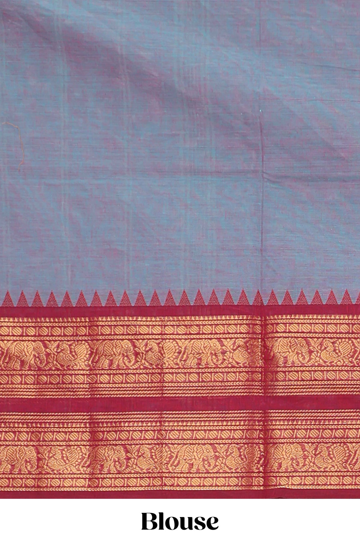 Powder blue plain chettinad cotton saree with contrast checked border and matching blouse