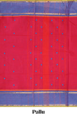 Red butta chettinad cotton saree with contrast checked border and matching blouse