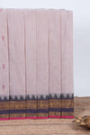 Oyster pink plain chettinad cotton saree with contrast zari border and matching striped pallu