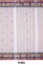 Oyster pink plain chettinad cotton saree with contrast zari border and matching striped pallu