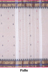Oyster pink plain chettinad cotton saree with contrast zari border and matching striped pallu