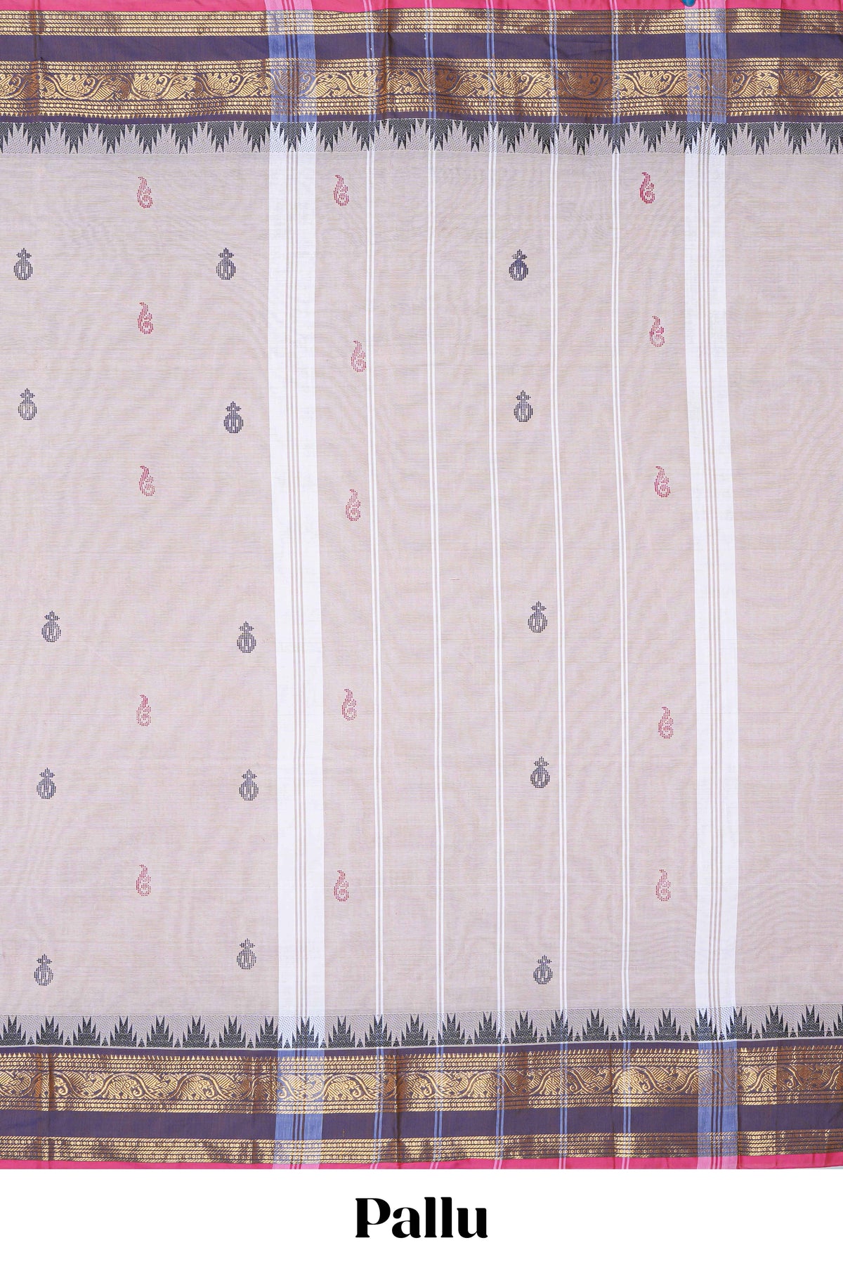 Oyster pink plain chettinad cotton saree with contrast zari border and matching striped pallu