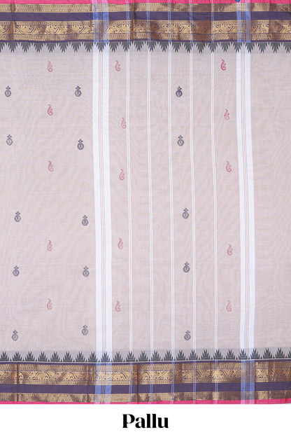 Oyster pink plain chettinad cotton saree with contrast zari border and matching striped pallu