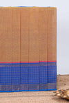 Brown plain chettinad cotton saree with contrast checked border and matching striped pallu