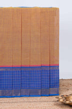 Brown plain chettinad cotton saree with contrast checked border and matching striped pallu