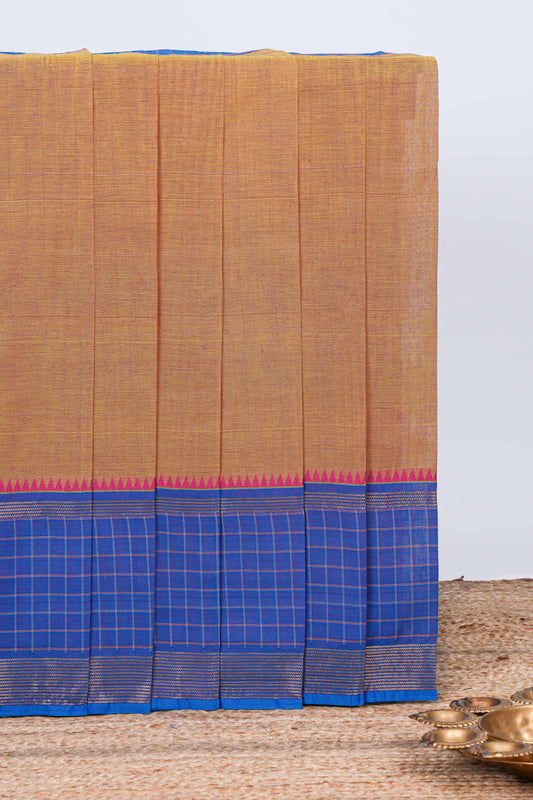 Brown plain chettinad cotton saree with contrast checked border and matching striped pallu