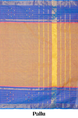 Brown plain chettinad cotton saree with contrast checked border and matching striped pallu
