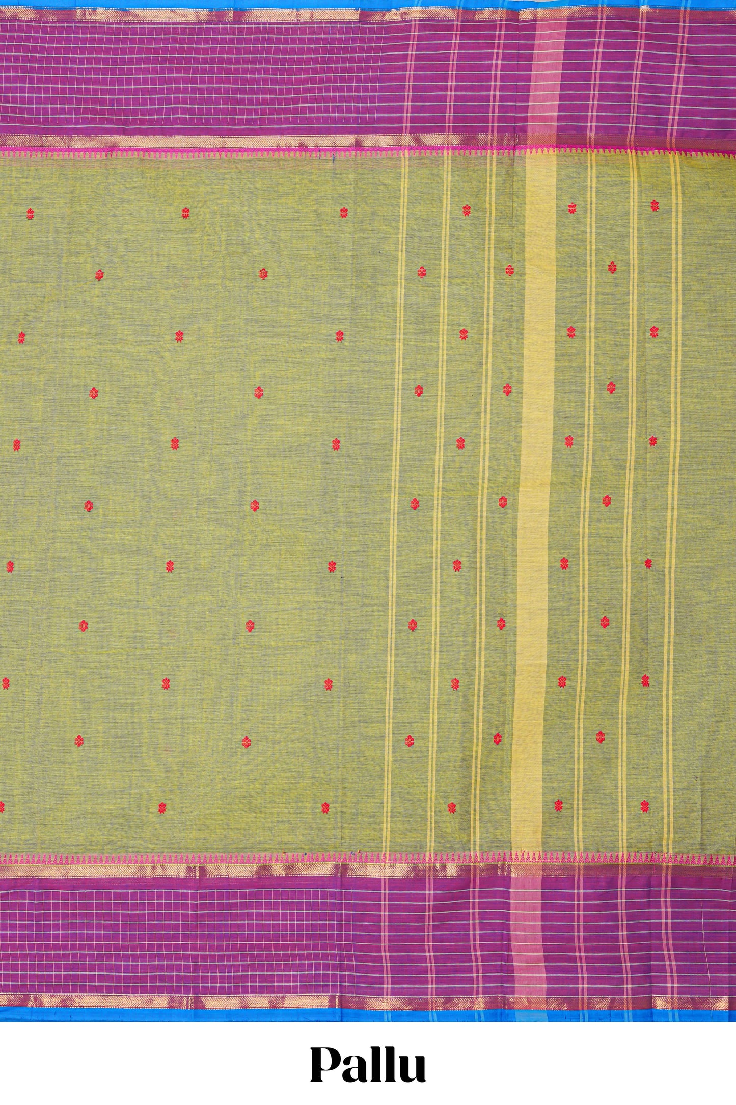 Green floral motifs chettinad cotton saree with contrast checked border and matching striped pallu