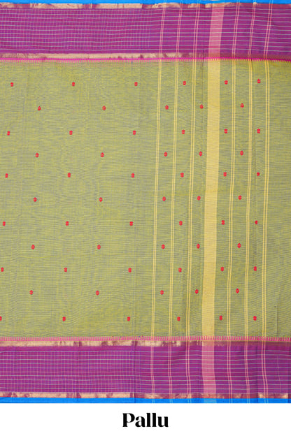 Green floral motifs chettinad cotton saree with contrast checked border and matching striped pallu