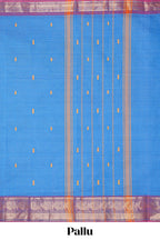 Blue thread motifs chettinad cotton saree with contrast checked border and matching striped pallu