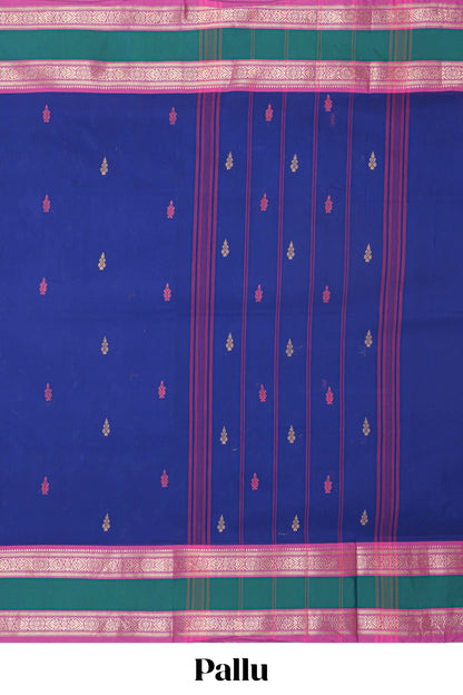 Dark blue plain chettinad cotton saree with contrast bentex border and matching striped pallu