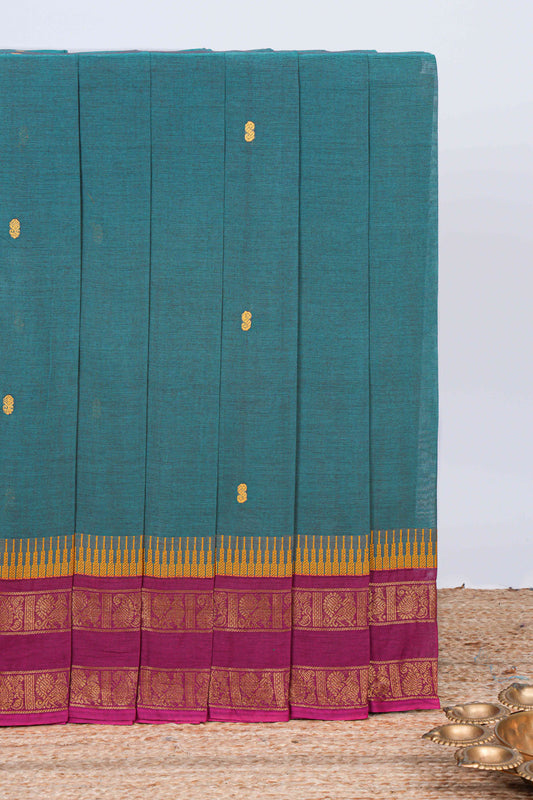 Green thread butta chettinad cotton saree with contrast bentex border and matching striped pallu