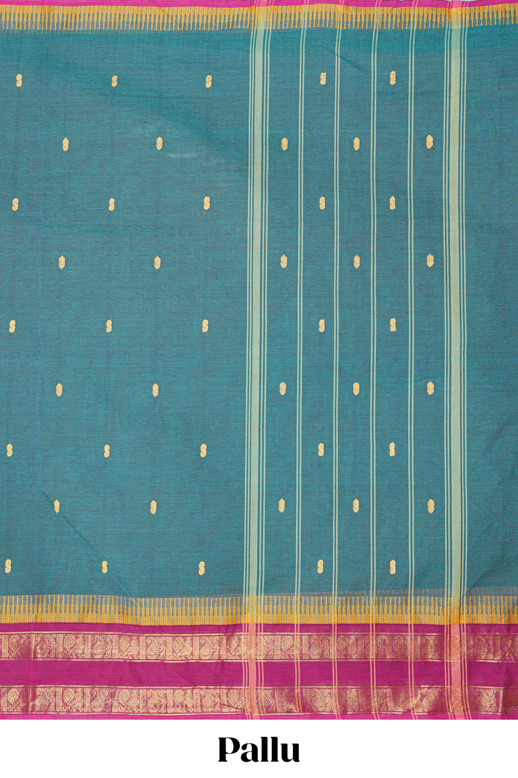 Green thread butta chettinad cotton saree with contrast bentex border and matching striped pallu