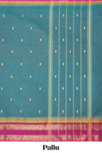 Green thread butta chettinad cotton saree with contrast bentex border and matching striped pallu