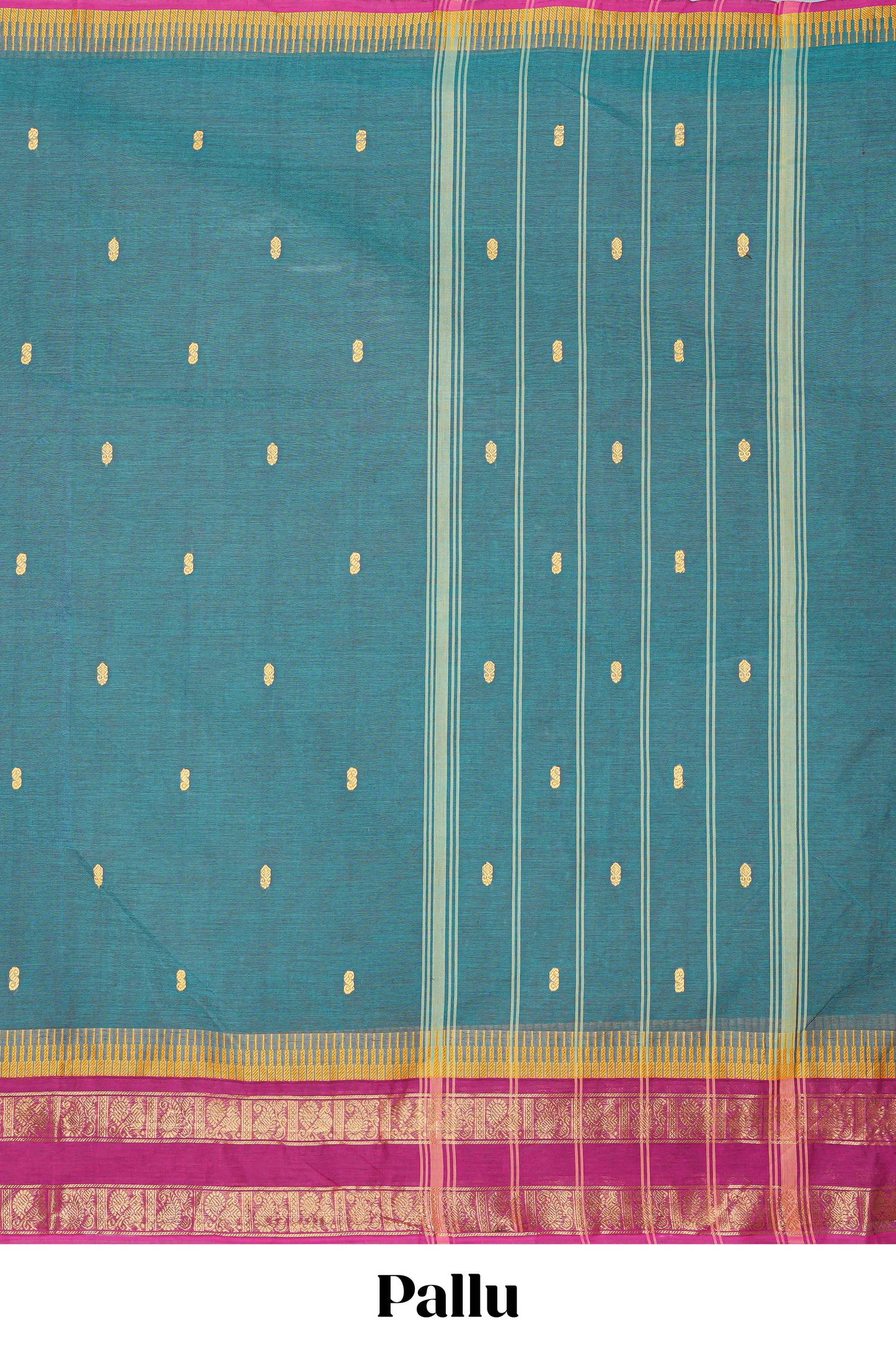 Green thread butta chettinad cotton saree with contrast bentex border and matching striped pallu