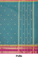 Green thread butta chettinad cotton saree with contrast bentex border and matching striped pallu