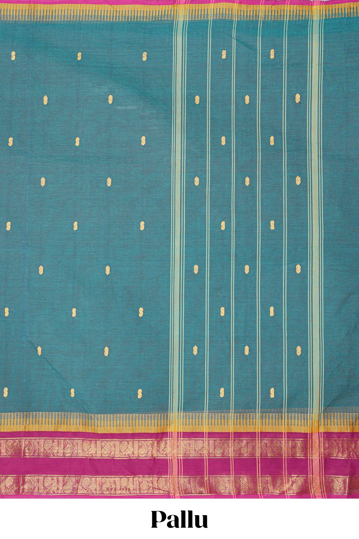 Green thread butta chettinad cotton saree with contrast bentex border and matching striped pallu