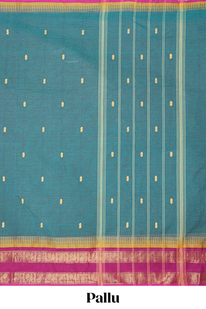 Green thread butta chettinad cotton saree with contrast bentex border and matching striped pallu