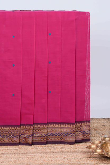 Pink thread butta chettinad cotton saree with contrast border and matching striped pallu