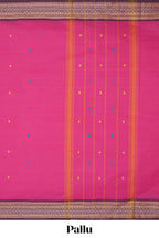 Pink thread butta chettinad cotton saree with contrast border and matching striped pallu