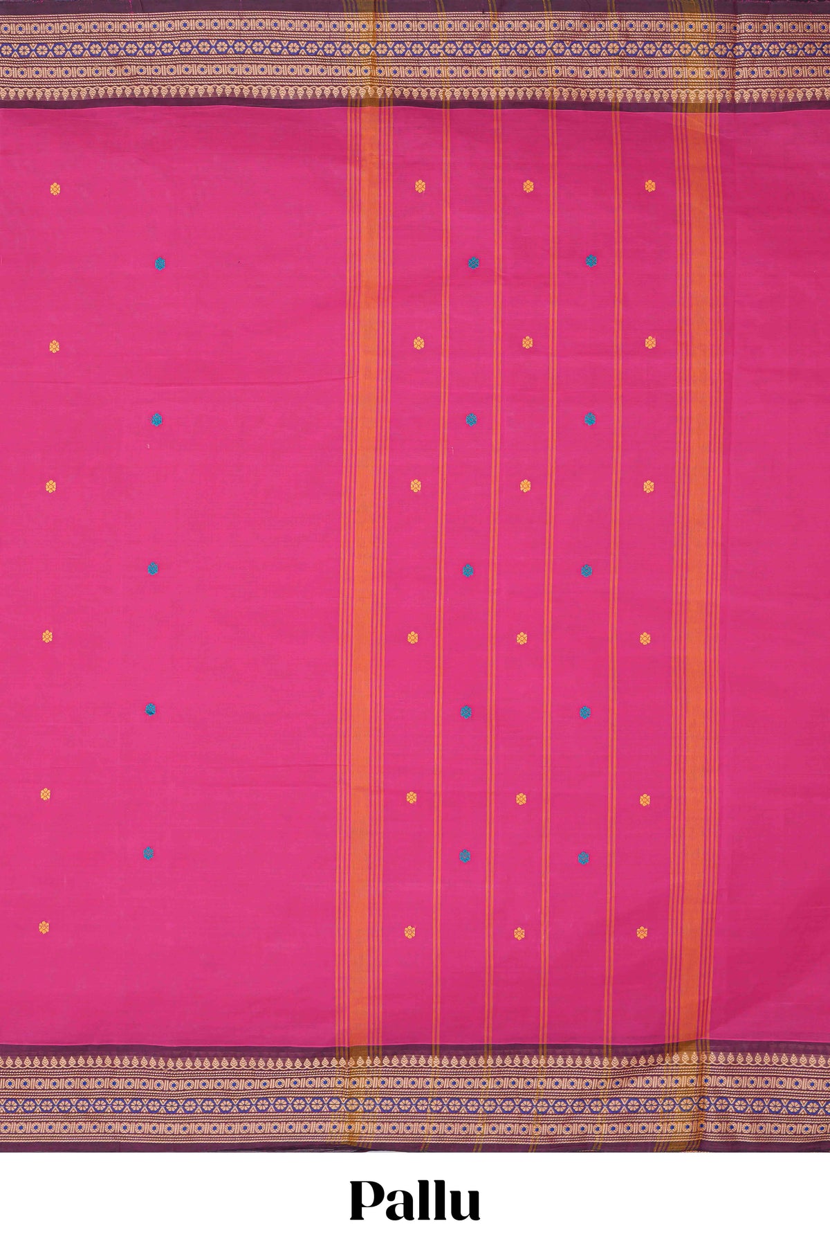 Pink thread butta chettinad cotton saree with contrast border and matching striped pallu