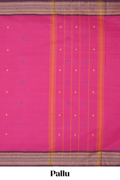 Pink thread butta chettinad cotton saree with contrast border and matching striped pallu