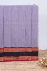 Lavender plain chettinad cotton saree with contrast border and matching striped pallu