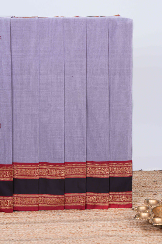 Lavender plain chettinad cotton saree with contrast border and matching striped pallu