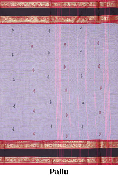 Lavender plain chettinad cotton saree with contrast border and matching striped pallu