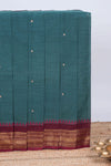Green thread butta chettinad cotton saree with contrast border and matching striped pallu