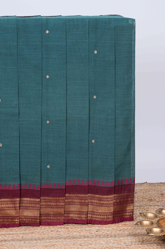 Green thread butta chettinad cotton saree with contrast border and matching striped pallu