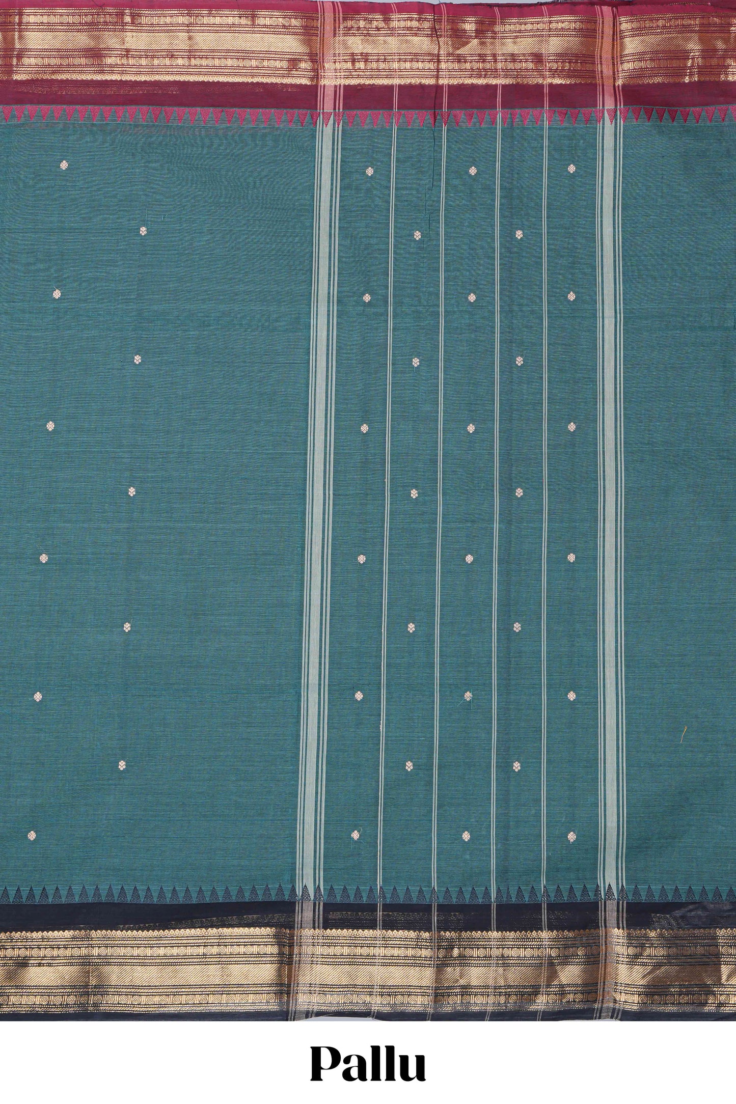 Green thread butta chettinad cotton saree with contrast border and matching striped pallu