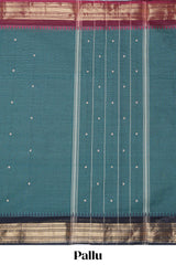Green thread butta chettinad cotton saree with contrast border and matching striped pallu