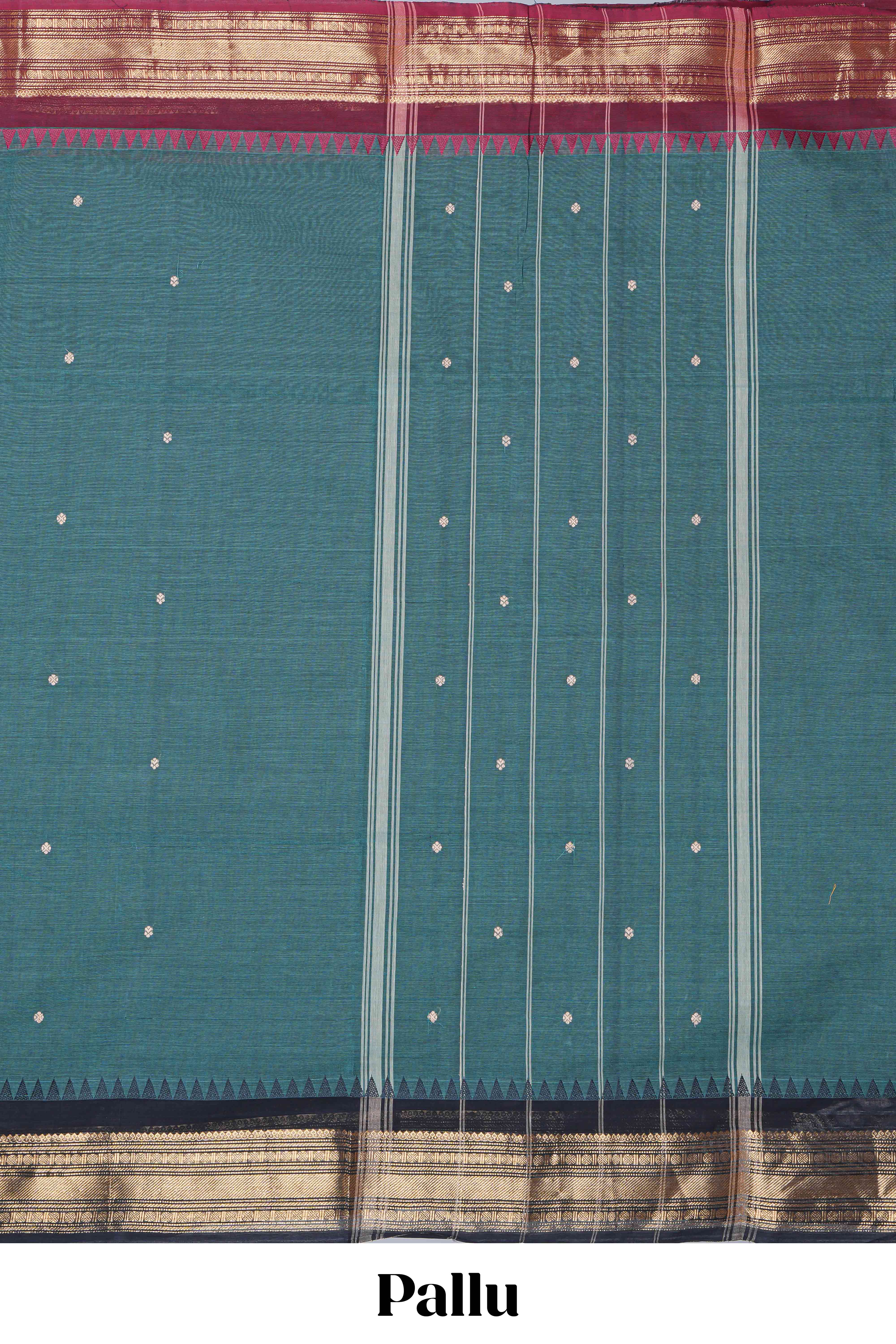 Green thread butta chettinad cotton saree with contrast border and matching striped pallu
