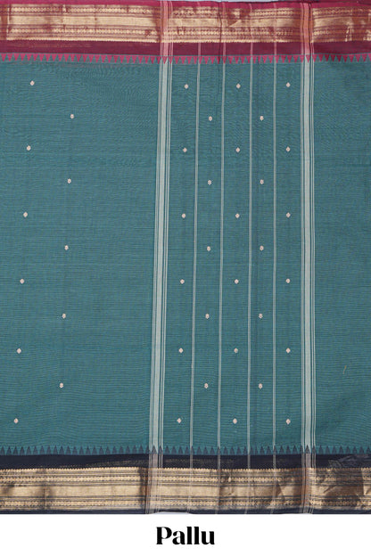 Green thread butta chettinad cotton saree with contrast border and matching striped pallu