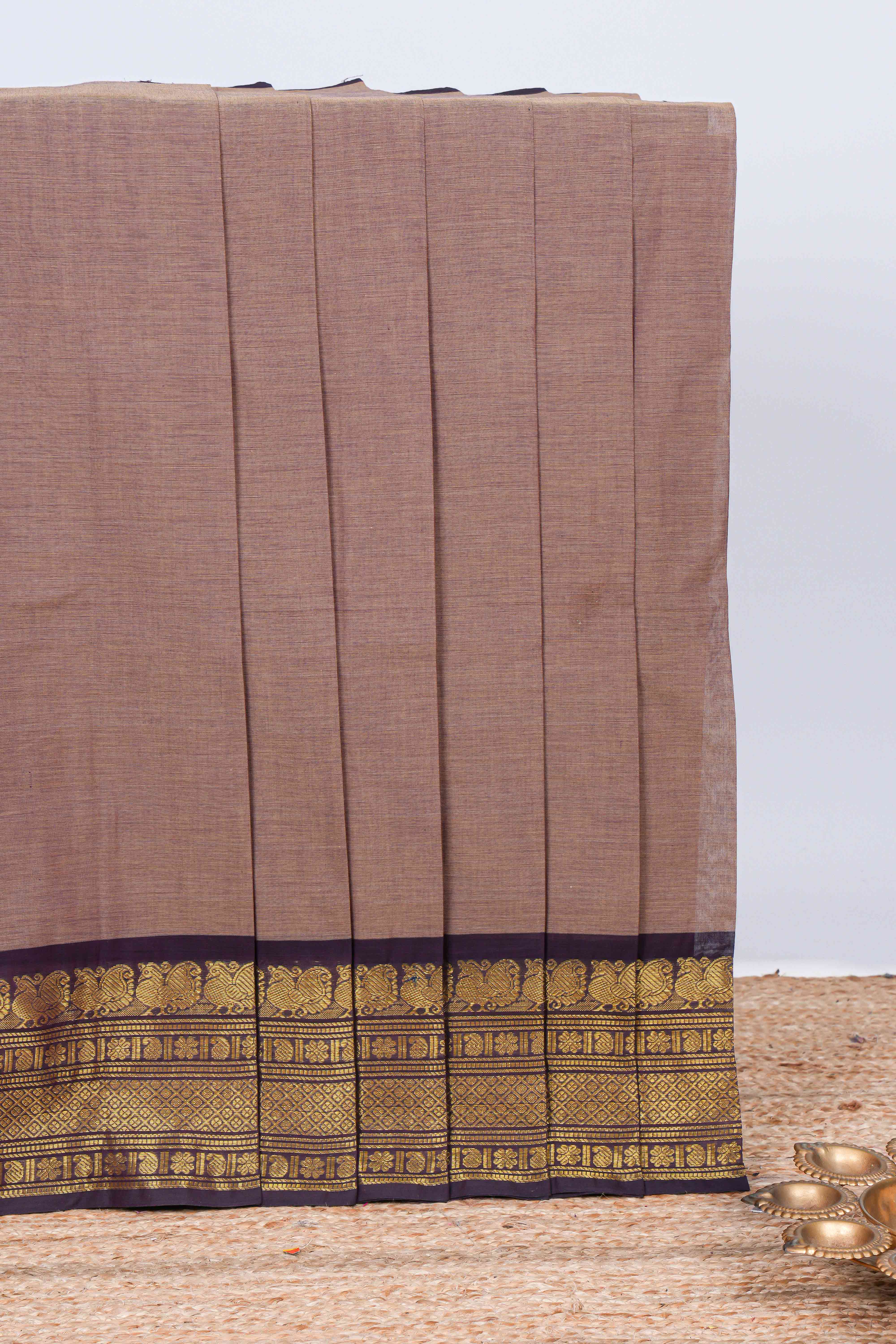 Brown plain chettinad cotton saree with contrast border and matching striped pallu