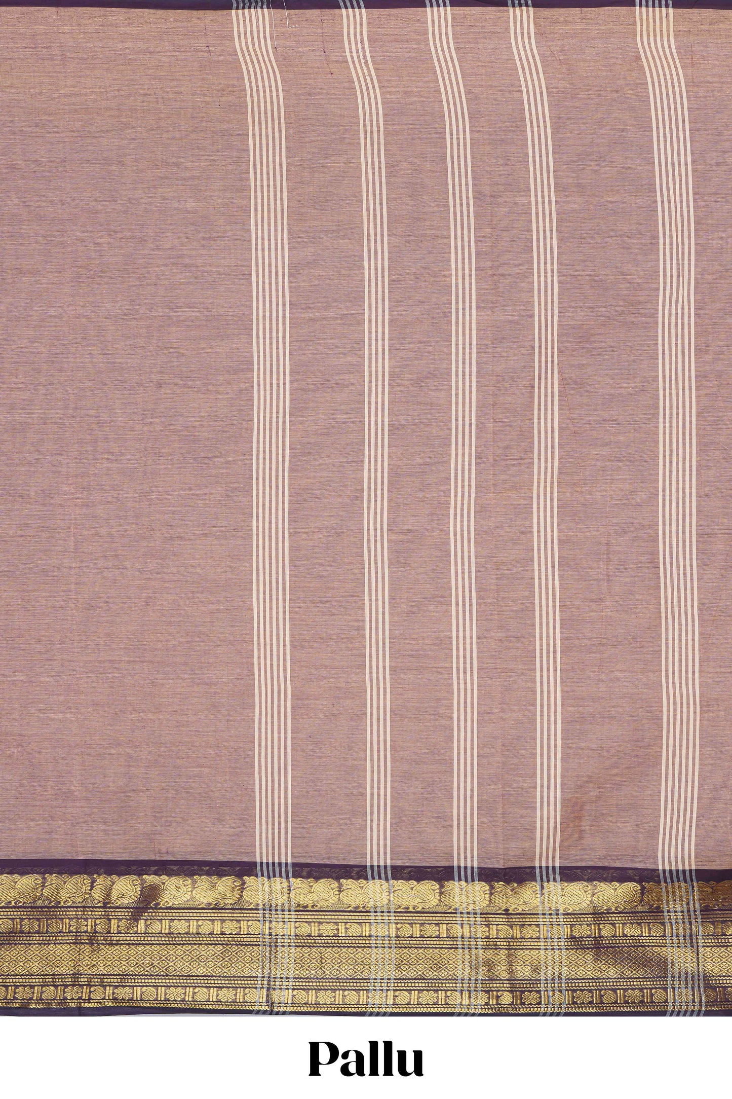 Brown plain chettinad cotton saree with contrast border and matching striped pallu