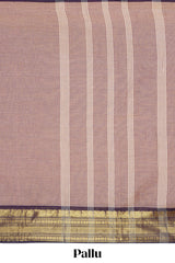 Brown plain chettinad cotton saree with contrast border and matching striped pallu