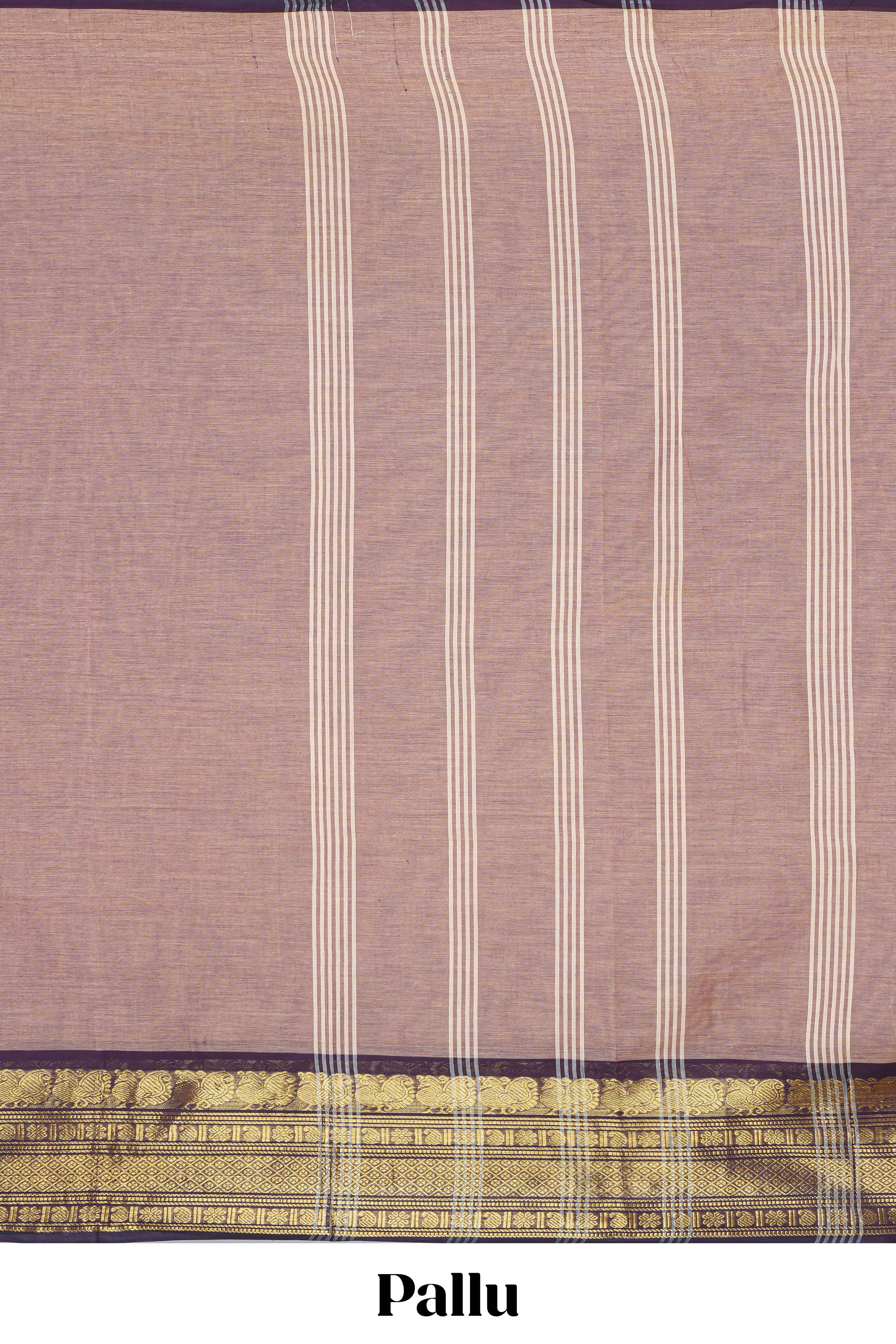 Brown plain chettinad cotton saree with contrast border and matching striped pallu
