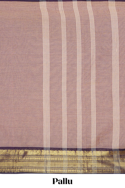 Brown plain chettinad cotton saree with contrast border and matching striped pallu