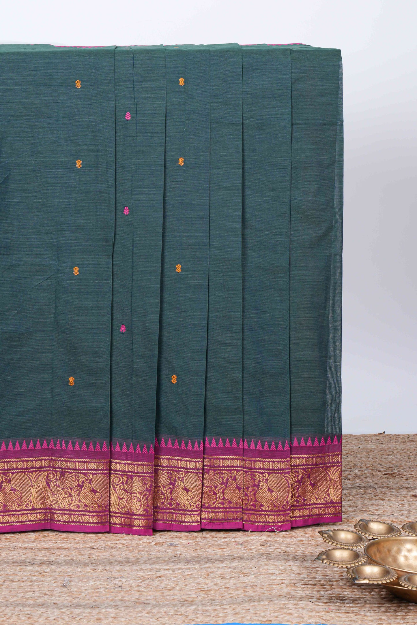 Green thread butta chettinad cotton saree with contrast border and matching striped pallu