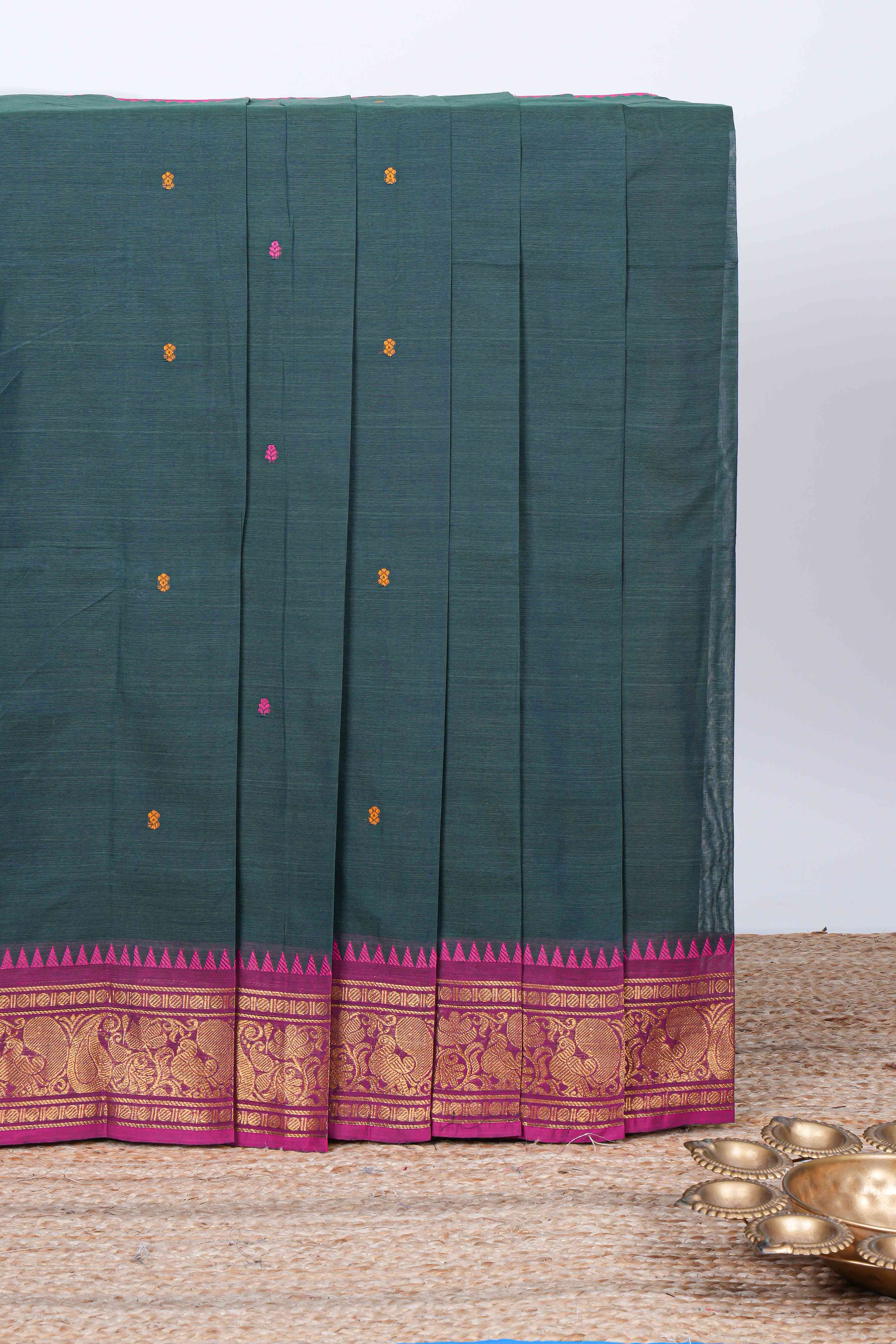 Green thread butta chettinad cotton saree with contrast border and matching striped pallu
