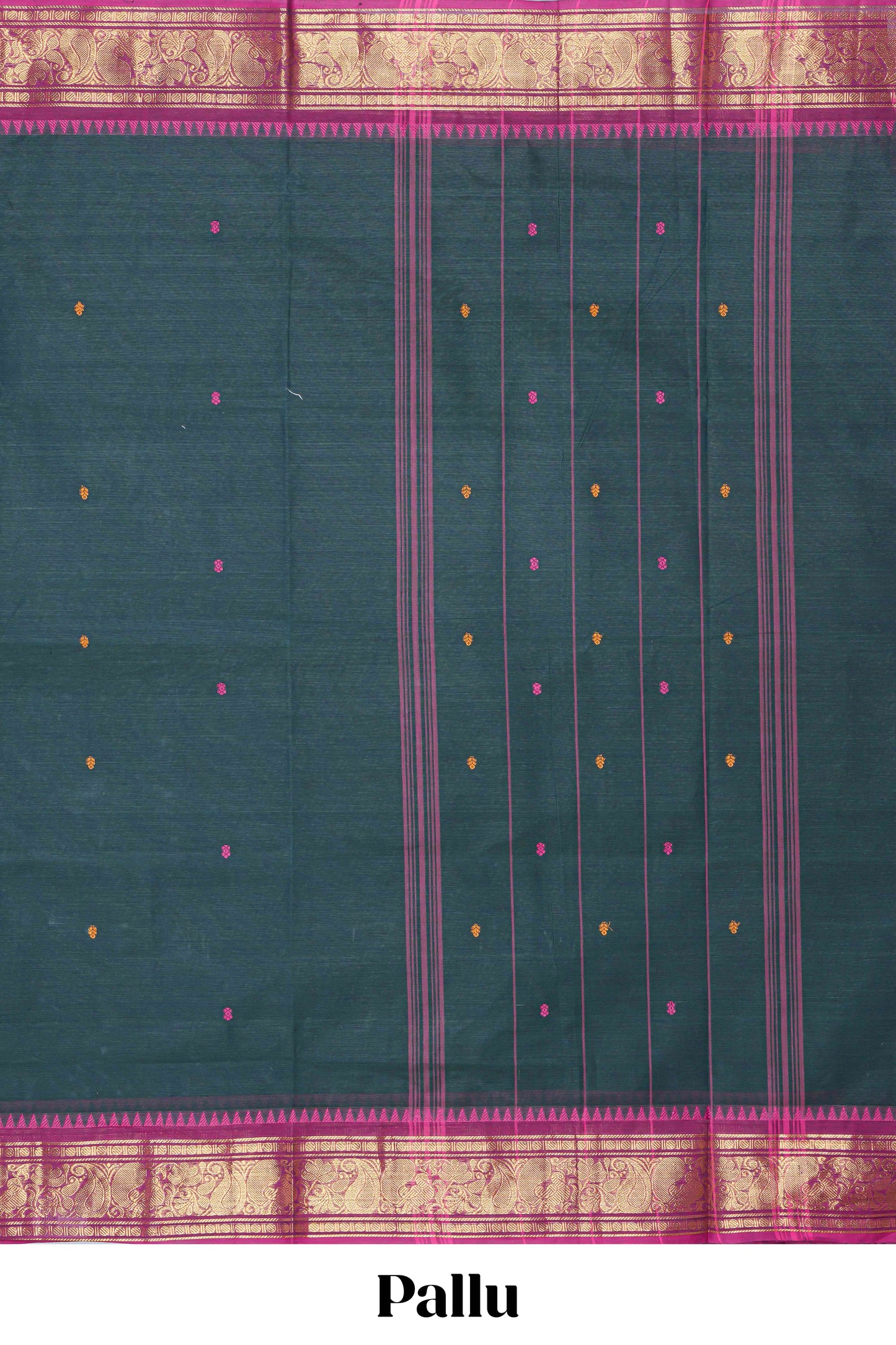Green thread butta chettinad cotton saree with contrast border and matching striped pallu